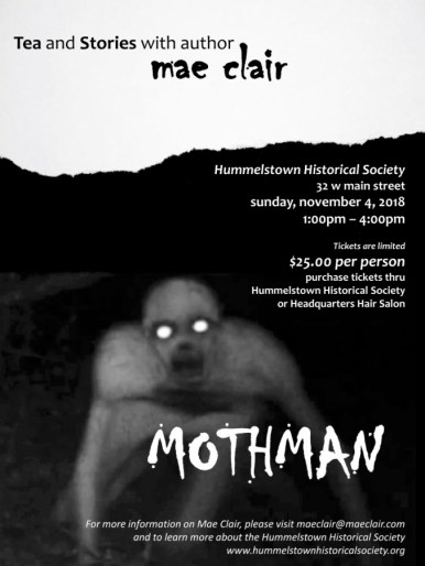 Advertisement for tea and stories with author Mae Clair focus on creepy creature in the front and the word Mothman